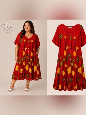 EUC Floral Print LA Cera Linen Feel Button Front Red Poppy Dress 2X